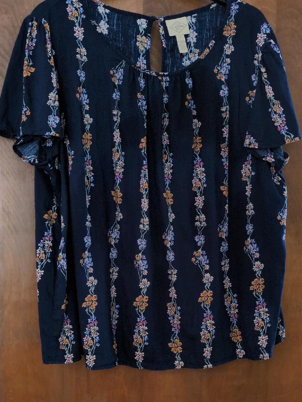 St. John's Bay Navy Floral Stripe Flutter Sleeve Blouse